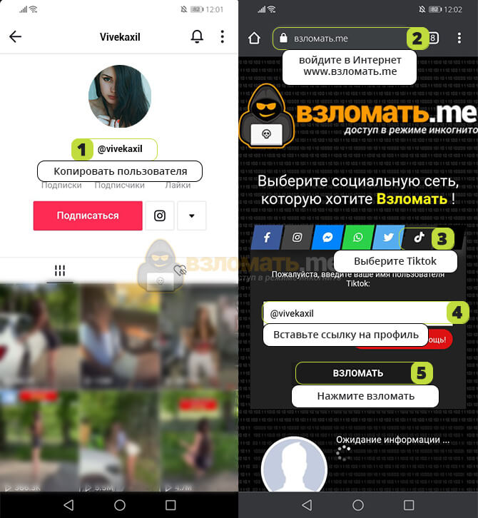 Иллюстрация шагов для взлома TikTok